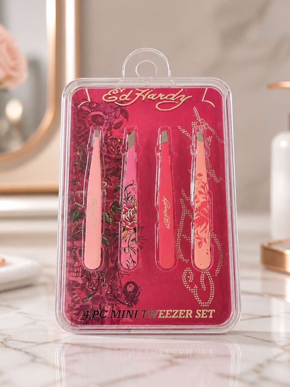 Ed Hardy Pink 4-Piece Mini Tweezer Set New